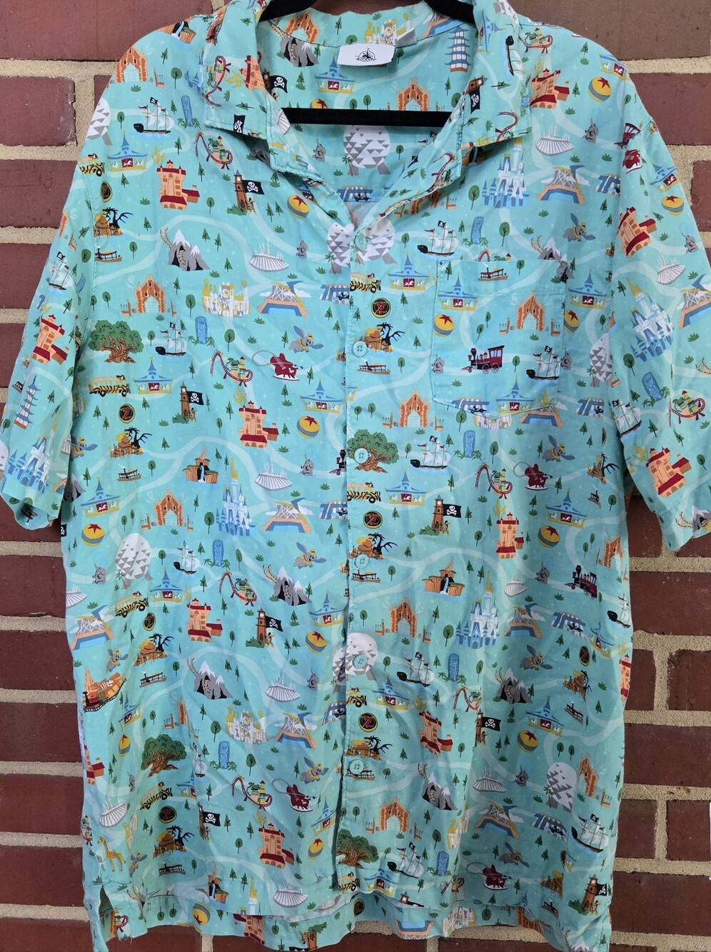 Disney Parks Attractions Map Camp Shirt Button Front Aqua Men's XL Resort